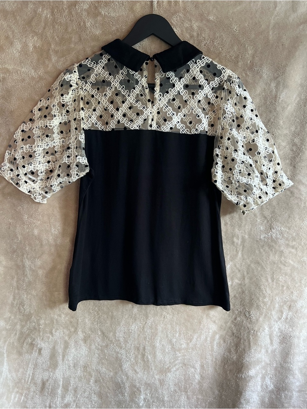 Kaily K Black White Lace Polka Dot Peter Pan Collar Puff Sleeve Top Medium Chic - Picture 8 of 9